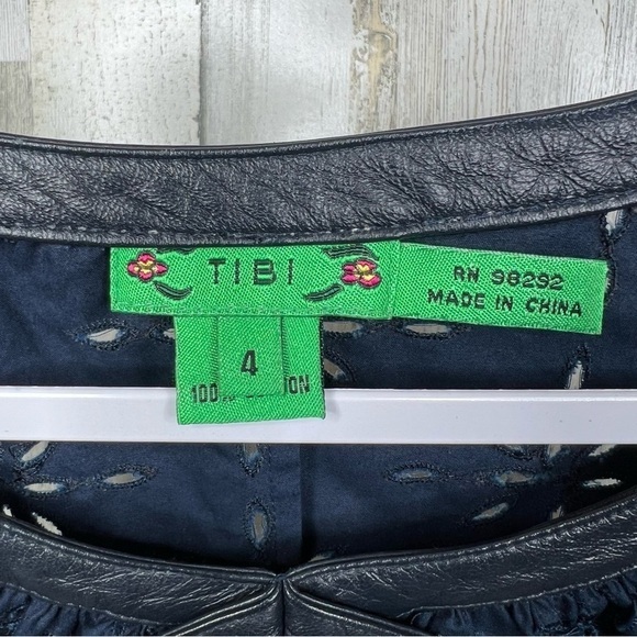 TIBI Navy Blue Eyelet Blouse Size 4 Leather Trim Neck Bow Details - Picture 7 of 12